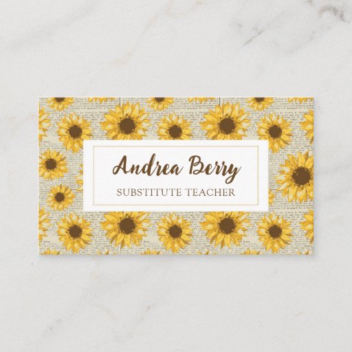 Customizable Substitute Teacher Vintage Sunflower Business Card