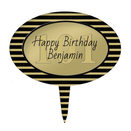 Subtle Age Black and Gold Stripe Happy Birthday Cake Topper