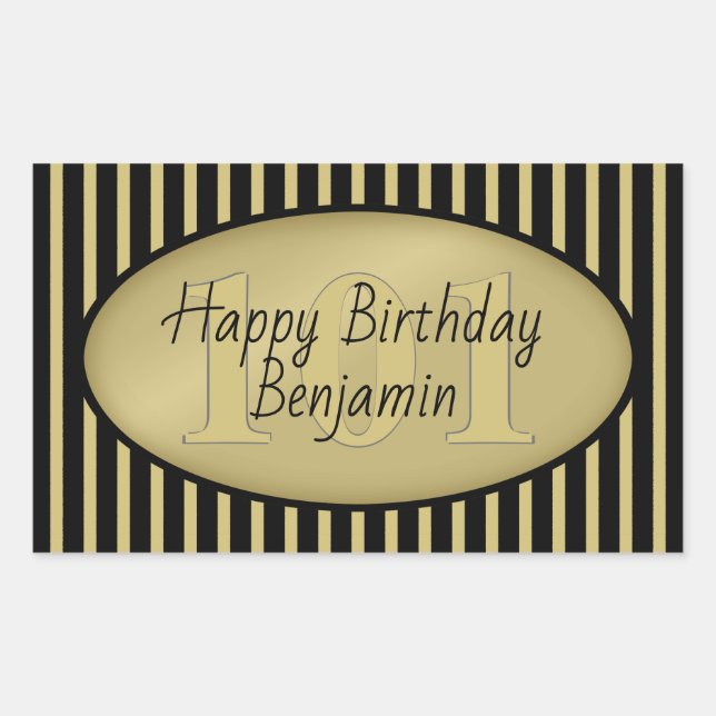 Subtle Age Black and Gold Stripe Happy Birthday Rectangular Sticker (Front)