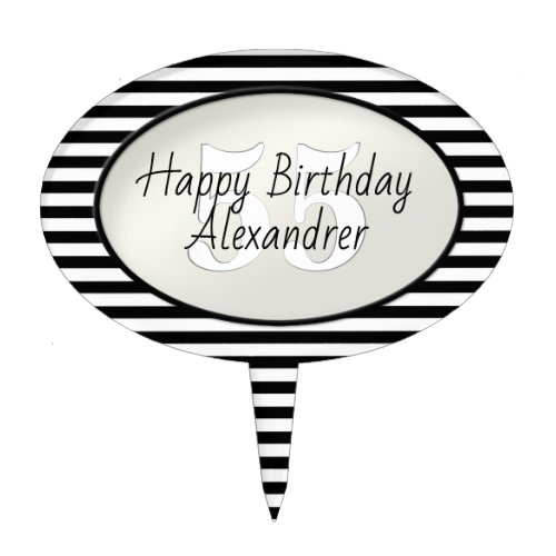 Subtle Age Black and White Stripe Happy Birthday Cake Topper