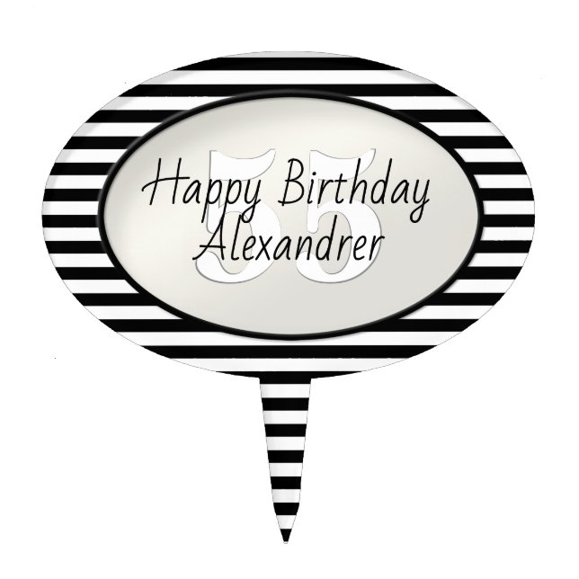 Subtle Age Black and White Stripe Happy Birthday Cake Topper (Front)