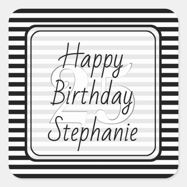 Subtle Age - Black/White Stripe Happy Birthday Square Sticker (Front)