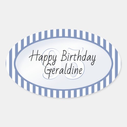 Subtle Age Blue and White Stripe Happy Birthday Oval Sticker