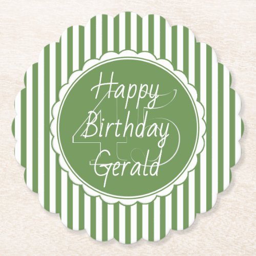 Subtle Age Green and White Stripes Happy Birthday Paper Coaster