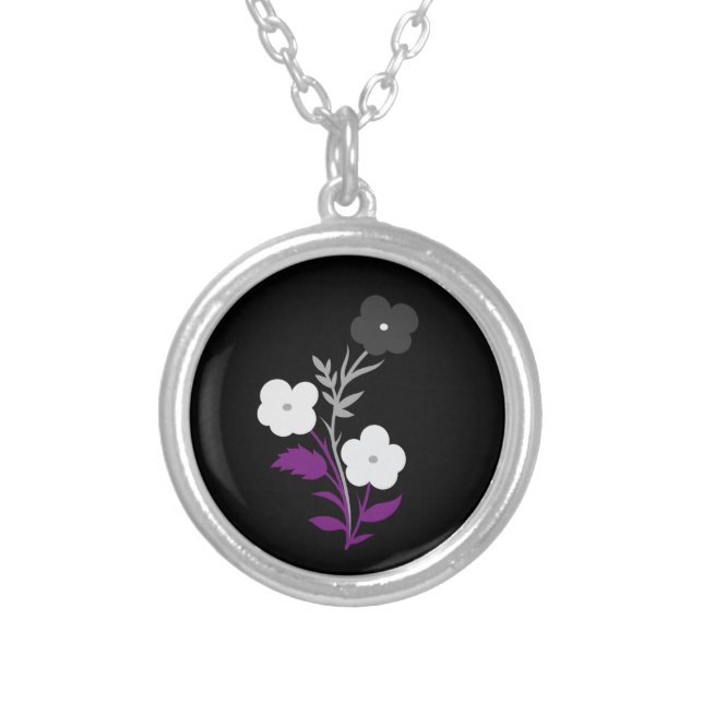 Subtle Asexual Flag Flowers Silver Plated Necklace (Front)