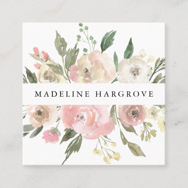 Subtle Blooms Watercolor Floral Square Business Card (Front)