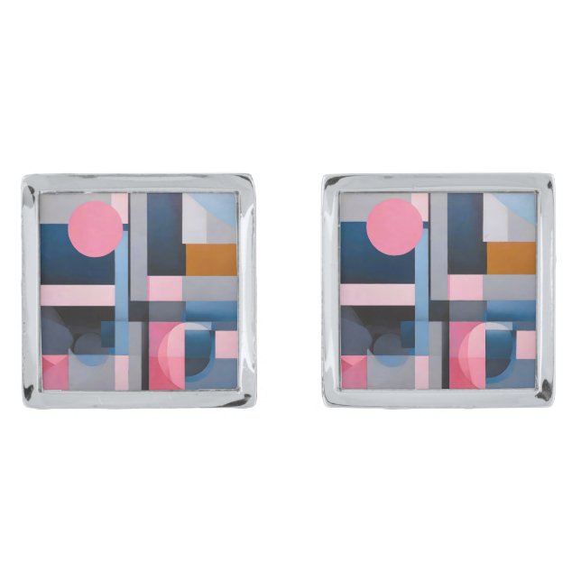 Subtle Blues & Pinks in Geometric Abstraction Cufflinks (Front)
