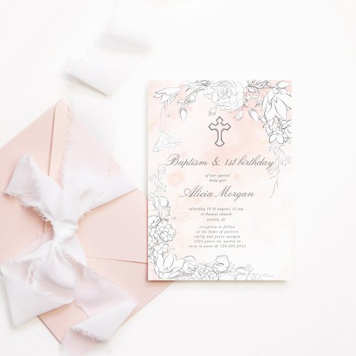 Subtle Blush Floral Baptism And First Birthday Invitation