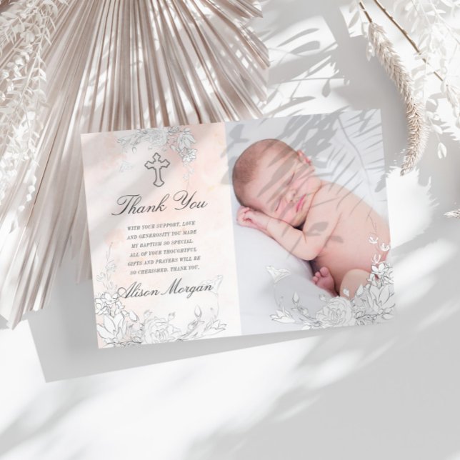 Subtle Blush Floral Baptism Thank You Card (Creator Uploaded)