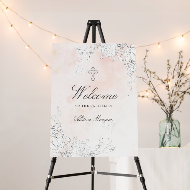 Subtle Blush Floral Baptism Welcome Foam Board (In Situ (Stand))
