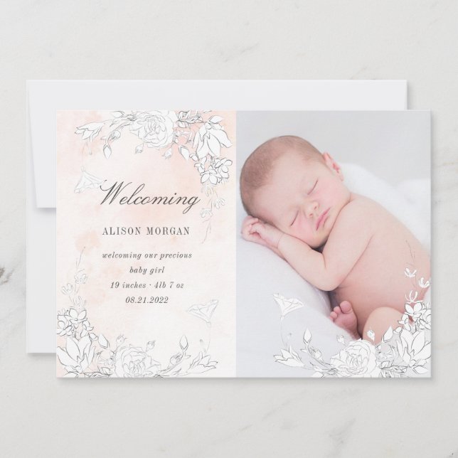 subtle blush floral birth announcement card (Front)