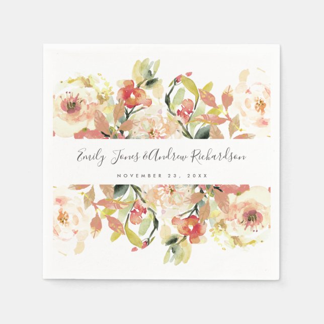 SUBTLE BLUSH PEACH PINK WATERCOLOR FLORAL WEDDING NAPKINS (Front)