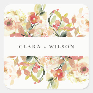 SUBTLE BLUSH PEACH PINK WATERCOLOR FLORAL WEDDING SQUARE STICKER