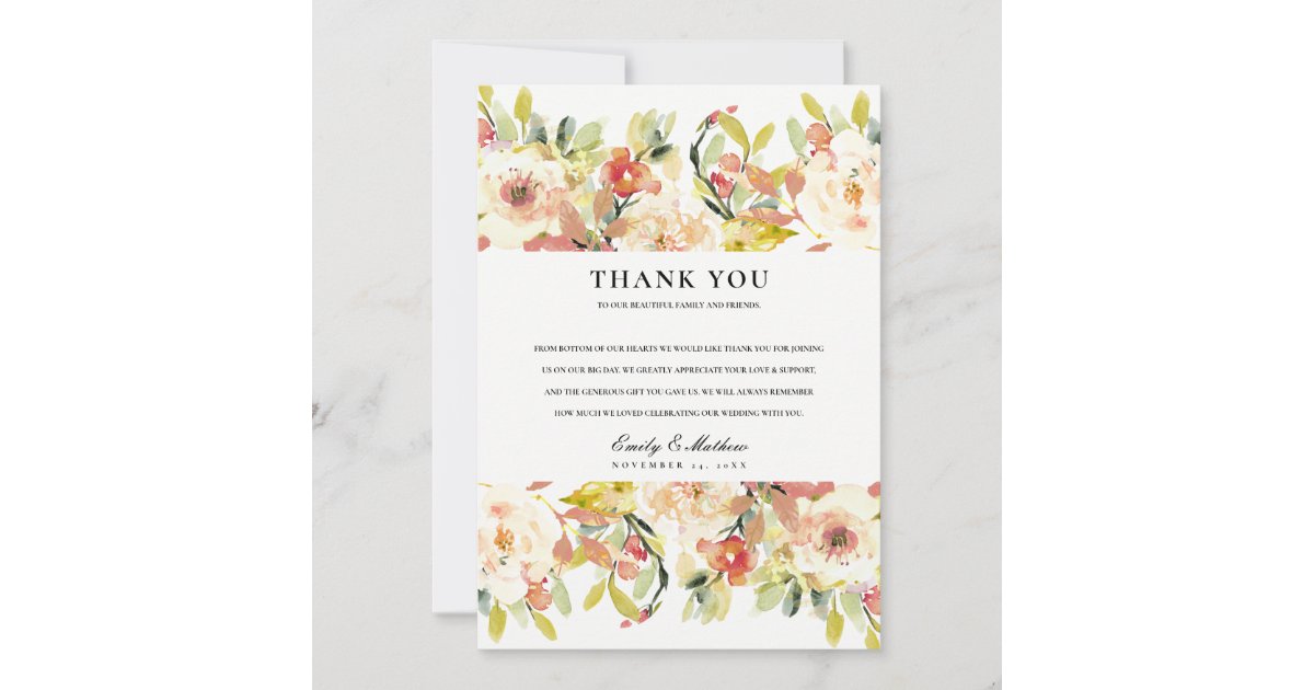 SUBTLE BLUSH PEACH PINK WATERCOLOR FLORAL WEDDING THANK YOU CARD | Zazzle