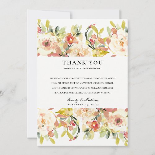 SUBTLE BLUSH PEACH PINK WATERCOLOR FLORAL WEDDING THANK YOU CARD