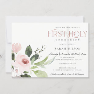 SUBTLE BLUSH PINK ROSE FLORA FIRST HOLY COMMUNION INVITATION