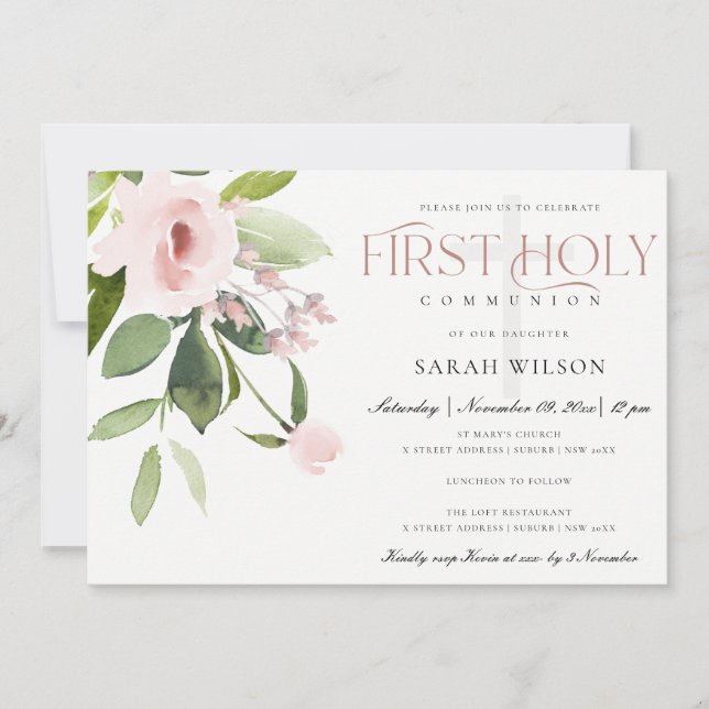 SUBTLE  BLUSH PINK ROSE FLORA FIRST HOLY COMMUNION INVITATION (Front)