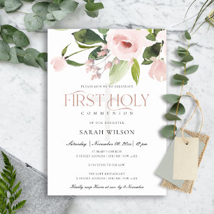SUBTLE BLUSH PINK ROSE FLORA FIRST HOLY COMMUNION INVITATION