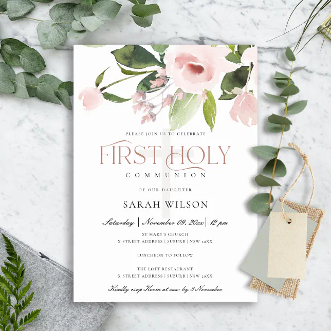SUBTLE BLUSH PINK ROSE FLORA FIRST HOLY COMMUNION INVITATION | Zazzle