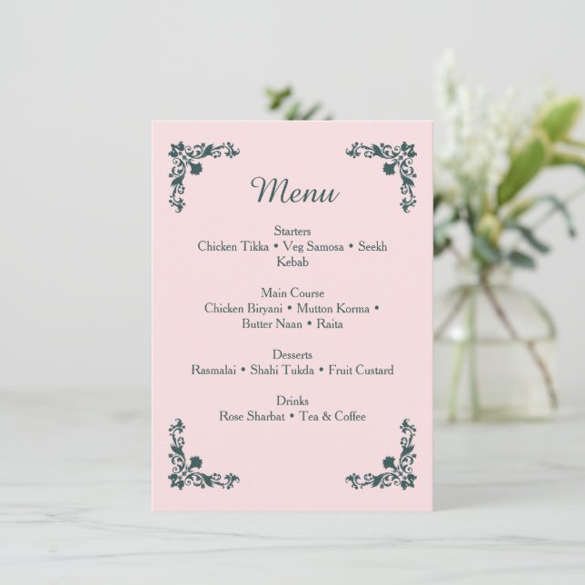 Subtle Blush & Slate Gray Floral Dinner Menu (Standing Front)