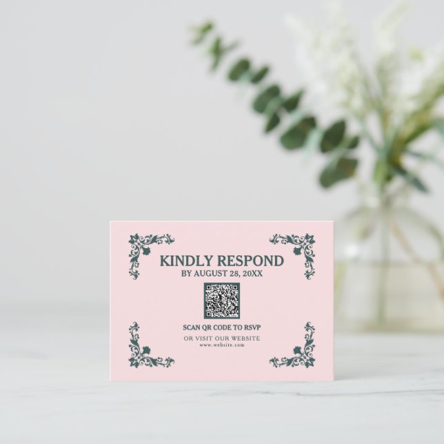 Subtle Blush & Slate Gray Islamic QR RSVP Card (Standing Front)