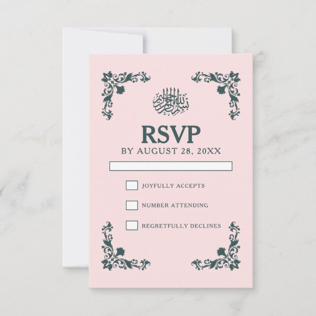 Subtle Blush & Slate Gray Islamic Wedding RSVP Card (Front)