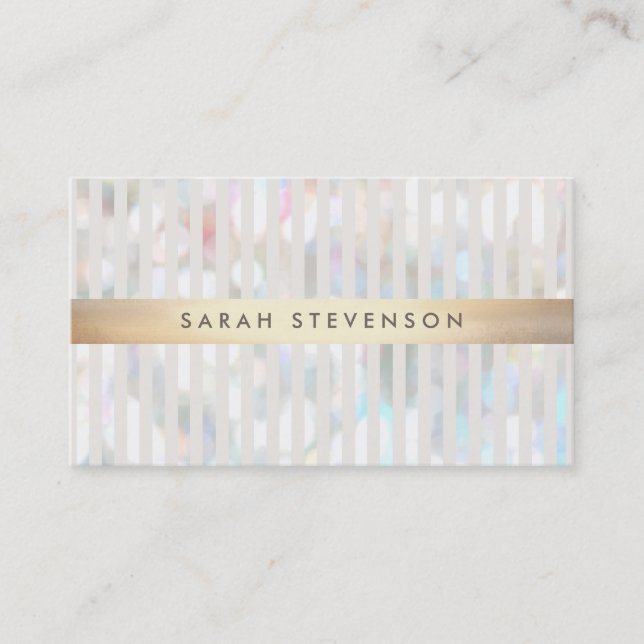 Subtle Bokeh White Stripes Gold Stripe Business Card (Front)