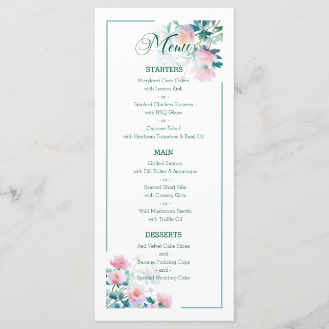 Subtle Botanical Blush Pink Peony Flowers Wedding Menu (Front)