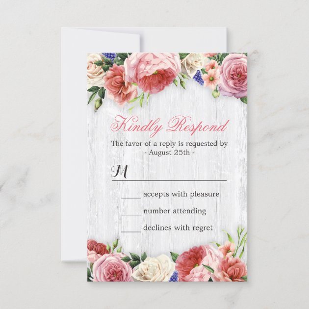 Subtle Chic Rustic Roses Floral Wood RSVP Reply