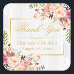 Subtle Chic Wood Grain Floral Gold Frame Thank You Square Sticker<br><div class="desc">Subtle Chic Wood Grain Floral Gold Frame Thank You Sticker - A Perfect Design for your Big Day. 
(1) For further customization,  please click the "customize further" link and use our design tool to modify this template. 
(2) If you need help or matching items,  please contact me.</div>