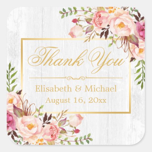 Subtle Chic Wood Grain Floral Gold Frame Thank You Square Sticker