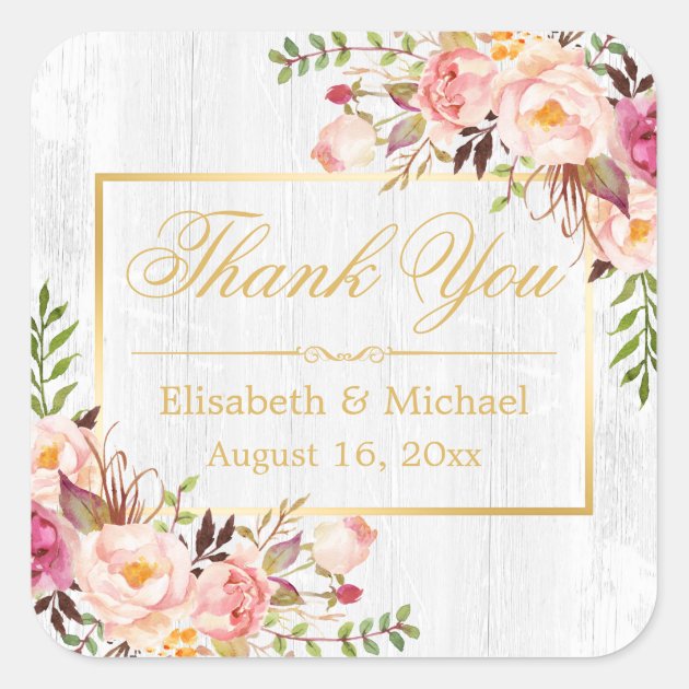 Subtle Chic Wood Grain Floral Gold Frame Thank You Square Sticker