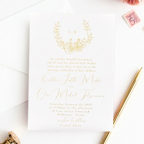 Subtle Classic Wreath Monogram Wedding Gold Foil Invitation