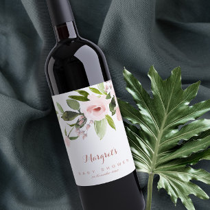 SUBTLE COLOR WASH BLUSH PINK FLORAL BABY SHOWER WINE LABEL