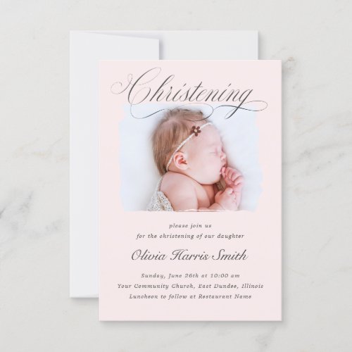 Subtle Cross Dusty Pink Script Christening Photo I Invitation