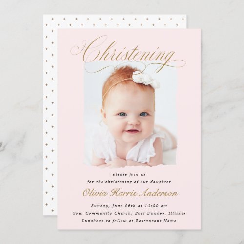 Subtle Cross Dusty Pink Script Christening Photo Invitation