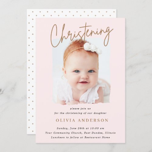 Subtle Cross Handwritten Script Christening Photo Invitation