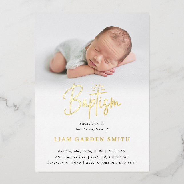 Subtle Cross One Photo Baptism Gold  Foil Invitati Invitation (Front)