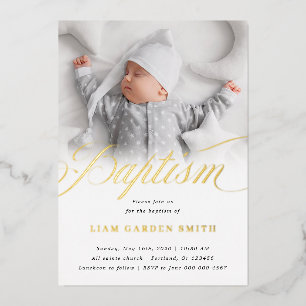 Subtle Cross One Photo Baptism Gold  Foil Invitation