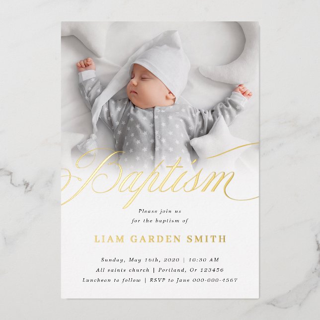 Subtle Cross One Photo Baptism Gold  Foil Invitation (Front)