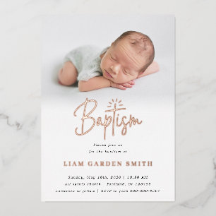 Subtle Cross One Photo Baptism Rose Gold  Foil Invitation