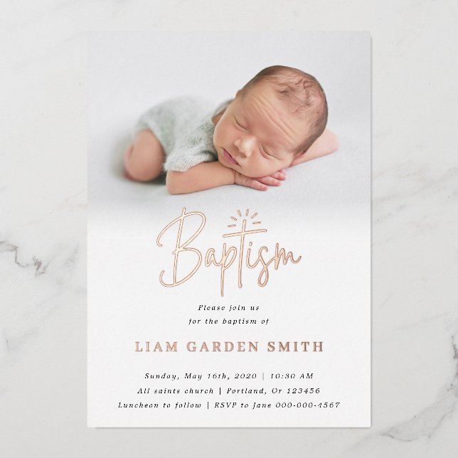 Subtle Cross One Photo Baptism Rose Gold  Foil Invitation (Front)