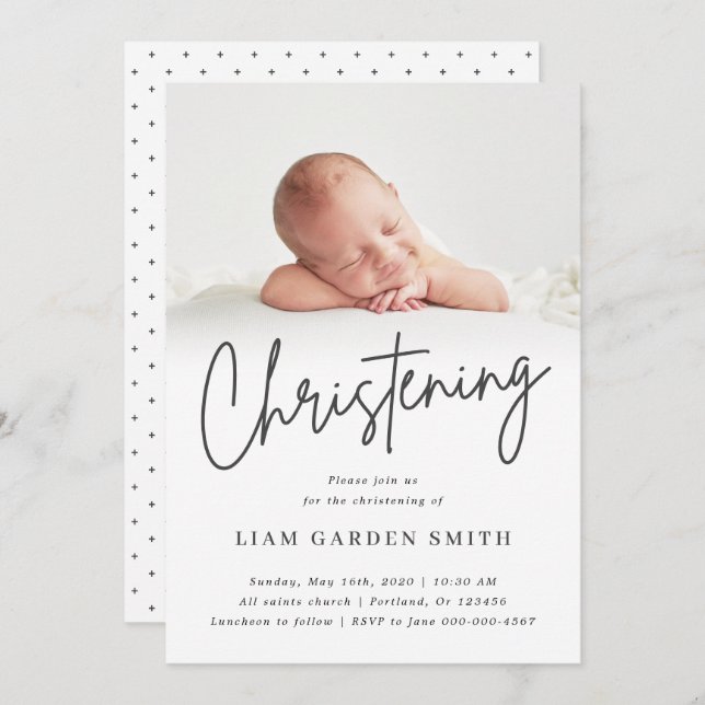 Subtle Cross Script Handwritten Christening Photo Invitation (Front/Back)