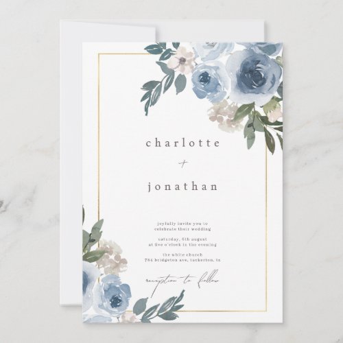 Subtle Dusty Blue  Cream Floral Wedding Invitatio Invitation
