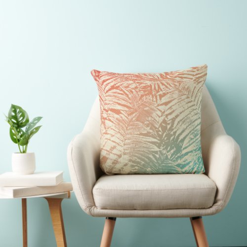 Subtle Fern Leaves Coral Red Yellow Teal Throw Pillow