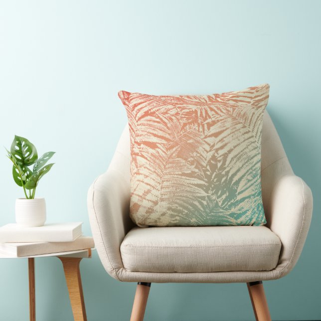 Subtle Fern Leaves Coral Red Yellow Teal Throw Pillow (Chair)