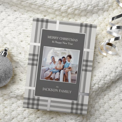 Subtle Gray Plaid Holiday Photo Christmas Card