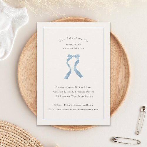 Subtle Light Blue Bow Classic Boy Baby Shower Invitation