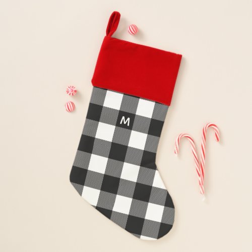 Subtle Monogram Black and White Buffalo Check Christmas Stocking