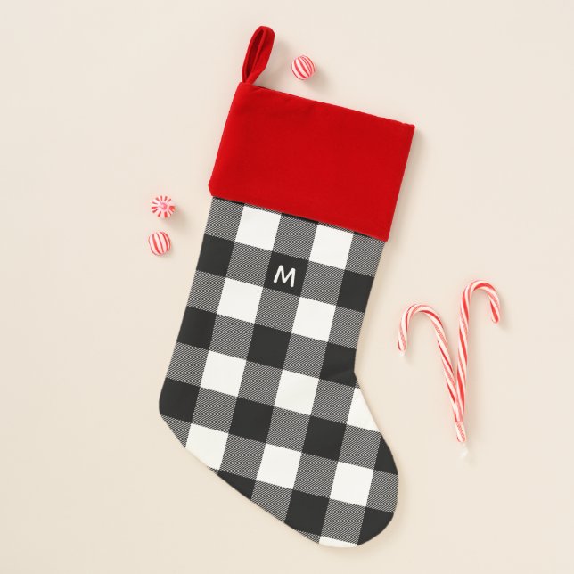 Subtle Monogram Black and White Buffalo Check Christmas Stocking (Front)